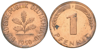 ФРГ 1 пфенниг 1950 J KM 105, J.380 сталь плакированная медью 4164-617