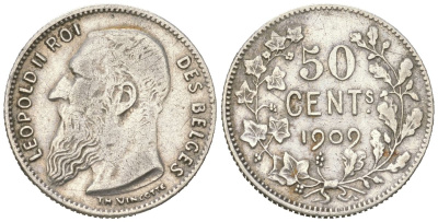 Бельгия 50 сантимов 1909 Леопольд II (1865-1909), DES BELGES KM 60 серебро 63-654