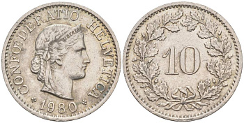Швейцария 10 раппенов 1980 KM 27 медно-никель 55-514