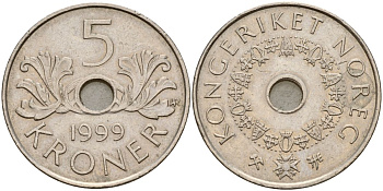 Норвегия 5 крон 1999 KM 463 медно-никель 4150-911