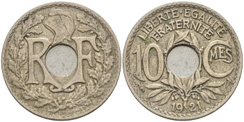 Франция 10 сантимов 1921 тип Линдайё KM 866a, Le Franc 138.3 медно-никель 4544-333