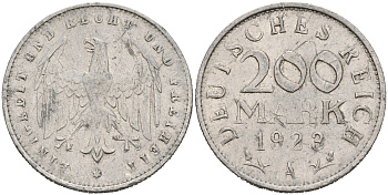 ГЕРМАНИЯ 200 МАРОК 1923 A KM 35, J. 304 алюминий 4566-537