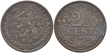 НИДЕРЛАНДЫ 2 1/2 ЦЕНТА 1929 ВИЛЬГЕЛЬМИНА KM 150 бронза 31-953