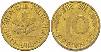 ФРГ 10 ПФЕННИГОВ 1986 J KM 108, J.383 сталь плакированная латунью 3718-833