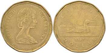 Канада 1 доллар 1987 утка, Елизавета II KM 157 никель плакированный алюминиевой бронзой 63-455