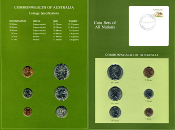 Австралия набор из 6 монет 1982 серия наборы мира, запайка в буклете с маркой    UNC  14-01-03-23
