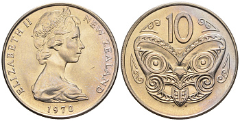 Новая Зеландия 10 центов 1970 Елизавета II (1952-2022), маска маори KM 41.1 медно-никель  UNC  4177-1215