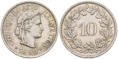 Швейцария 10 раппенов 1980 KM 27 медно-никель 55-514