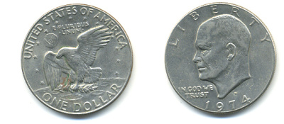 США 1 доллар 1974 D, Президент Эйзенхауэр, лунный орел KM 203 медь плакированная медно-никелем 93-812