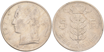 БЕЛЬГИЯ 5 ФРАНКОВ 1971 BELGIQUE KM 134.1 медно-никель 4556-431