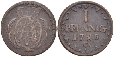 САКСОНИЯ 1 ПФЕННИГ 1788 С, ФРИДРИХ АВГУСТ III (1763-1806) KM 1000 (С91) медь 206-355