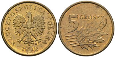 Польша 5 грошей 1999 MW KM 278, Parchimowicz 703f латунь 4580-553