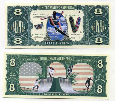 США 8 ДОЛЛАРОВ 2002 СУВЕНИРНАЯ БАНКНОТА, СКЕЙТБОРД бумага UNC (ПРЕСС) 8588-9-4-2