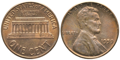 США 1 цент 1959 Авраам Линкольн KM 201 медь цинк 100-1058