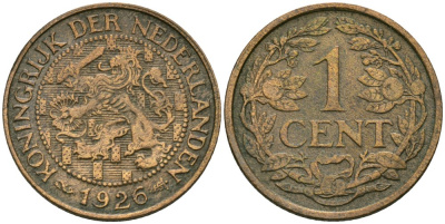 Нидерланды 1 цент 1926 Вильгельмина (1890-1948) KM 152 бронза 4576-1066