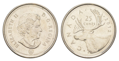 Канада 25 центов 2012 Leaf, Елизавета II (1952-2022), олень KM 2296 сталь плакированная никелем UNC 4631-732