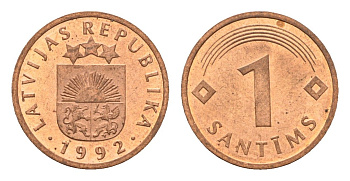 Латвия 1 сантим 1992 KM 15 сталь плакированная медью UNC 4689-817