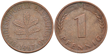 ФРГ 1 пфенниг 1967 J KM 105, J. 380 сталь плакированная медью    4115-119
