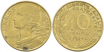 ФРАНЦИЯ 10 САНТИМОВ 1974 ТИП MARIANNE KM 929, LE FRANC 144.14 алюминиевая бронза 3309-1055