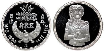 Египет 5 фунтов 1994 бог луны Хонсу KM 751 серебро PROOF 04-269-23