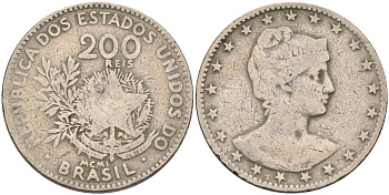 Бразилия 200 рейс 1901 голова свободы вправо KM 504 медно-никель 4589-1044