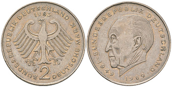 ФРГ 2 марки 1985 F, Конрад Аденауэр, 20 лет Федеративной Республике KM 124 медно-никель 4565-622