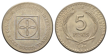 Колумбия 5 песо 1968 39-й Международный Евхаристический Конгресс KM 230 медно-никель UNC 4661-235