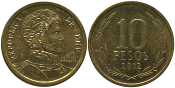 Чили 10 песо 2012 So KM 228.2, Schon 82 алюминиевая бронза UNC 4544-917