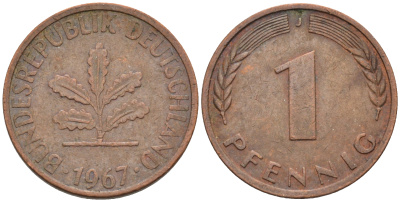 ФРГ 1 пфенниг 1967 J KM 105, J. 380 сталь плакированная медью    4115-119