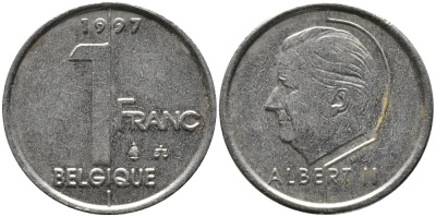 БЕЛЬГИЯ 1 ФРАНК 1997 BELGIQUE, АЛЬБЕРТ II (1993-) KM 187 железо плакированное никелем 99-1227