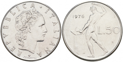 Италия 50 лир 1976 R, бог Вулкан у наковальни KM 95.1 нержавеющая сталь 3996-924