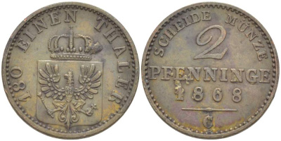 ПРУССИЯ 2 ПФЕННИГА 1868 С, ВИЛЬГЕЛЬМ I (1861-1888) KM 481 медь 4523-245