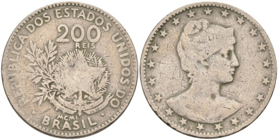 Бразилия 200 рейс 1901 голова свободы вправо KM 504 медно-никель 4589-1044