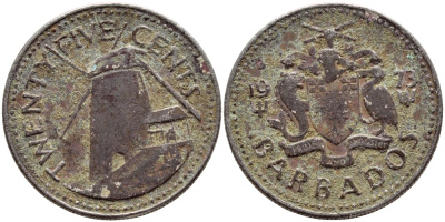 Барбадос 25 центов 1973 ветряная мельница Моргана Льюиса KM 13 медно-никель 4398-324