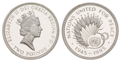 Великобритания 2 фунта 1995 50 лет ООН KM 971a, Spink K6 серебро PROOF 11-252-11