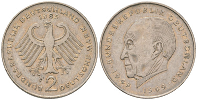 ФРГ 2 марки 1985 F, Конрад Аденауэр, 20 лет Федеративной Республике KM 124 медно-никель 4565-622