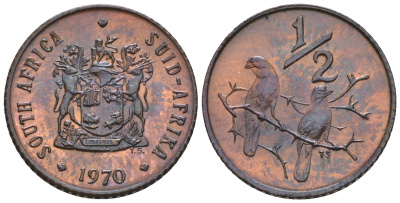 ЮАР 1/2 цента 1970 два капских воробья на ветке KM 81 бронза  aUNC  220-947