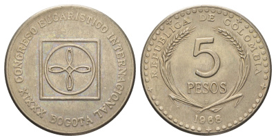 Колумбия 5 песо 1968 39-й Международный Евхаристический Конгресс KM 230 медно-никель UNC 4661-235