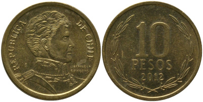 Чили 10 песо 2012 So KM 228.2, Schon 82 алюминиевая бронза UNC 4544-917