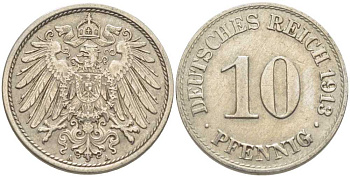 Германия 10 пфеннигов 1913 J KM 12, Jager 13, Weege 8 медно-никель 210-713