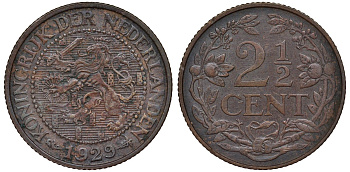 НИДЕРЛАНДЫ 2 1/2 ЦЕНТА 1929 KM 150 бронза 72-337