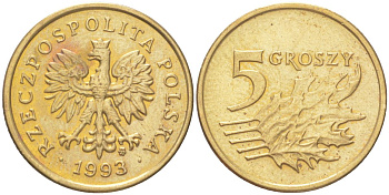 Польша 5 грошей 1993 Y 278 марганец латунь UNC 4614-266