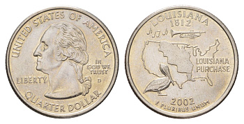 США 25 центов (квотер, 1/4 доллара) 2002 D, Квотер штата Луизиана KM 333 медь плакированный медно-никелем UNC 4628-1221