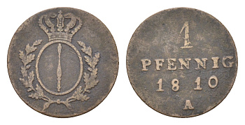 Пруссия 1 пфенниг 1810 A, Фридрих Вильгельм III (1797-1840) KM 390 медь 4655-649