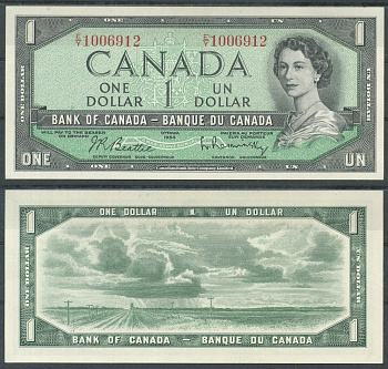 Канада 1 доллар 1954 Pick 74 b бумага aUNC 8622-13-2-2