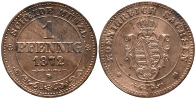 САКСОНИЯ 1 ПФЕННИГ 1872 В, ЙОХАНН (1854-1873) KM 1216 медь 116-658