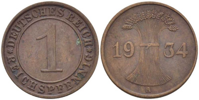 ГЕРМАНИЯ 1 РЕЙХСПФЕННИГ 1934 A KM 37, J. 313, Weege 2 бронза 211-127