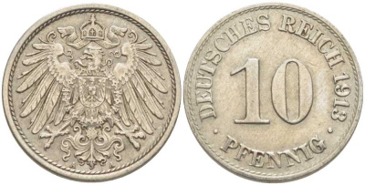 Германия 10 пфеннигов 1913 J KM 12, Jager 13, Weege 8 медно-никель 210-713