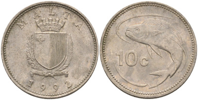 Мальта 10 центов 1992 золотая макрель KM 96 медно-никель 4588-238