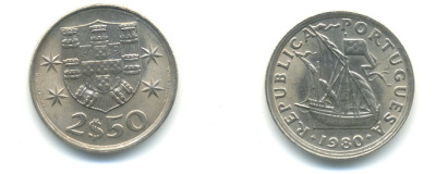 Португалия 2,5 эскудо 1980 парусник KM 590 медно-никель 176-155